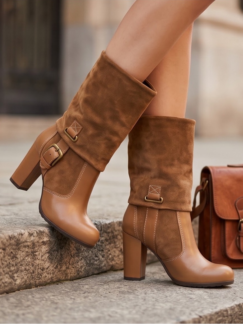 Gianmarco Lorenzi Women’s Chestnut Brown Suede and Leather Mid-Calf Heeled Boots
